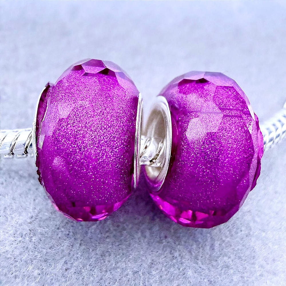 Purple Faceted Glitter Glass Charm Beads Set of 2 Magenta Sparkle fits PANDORA